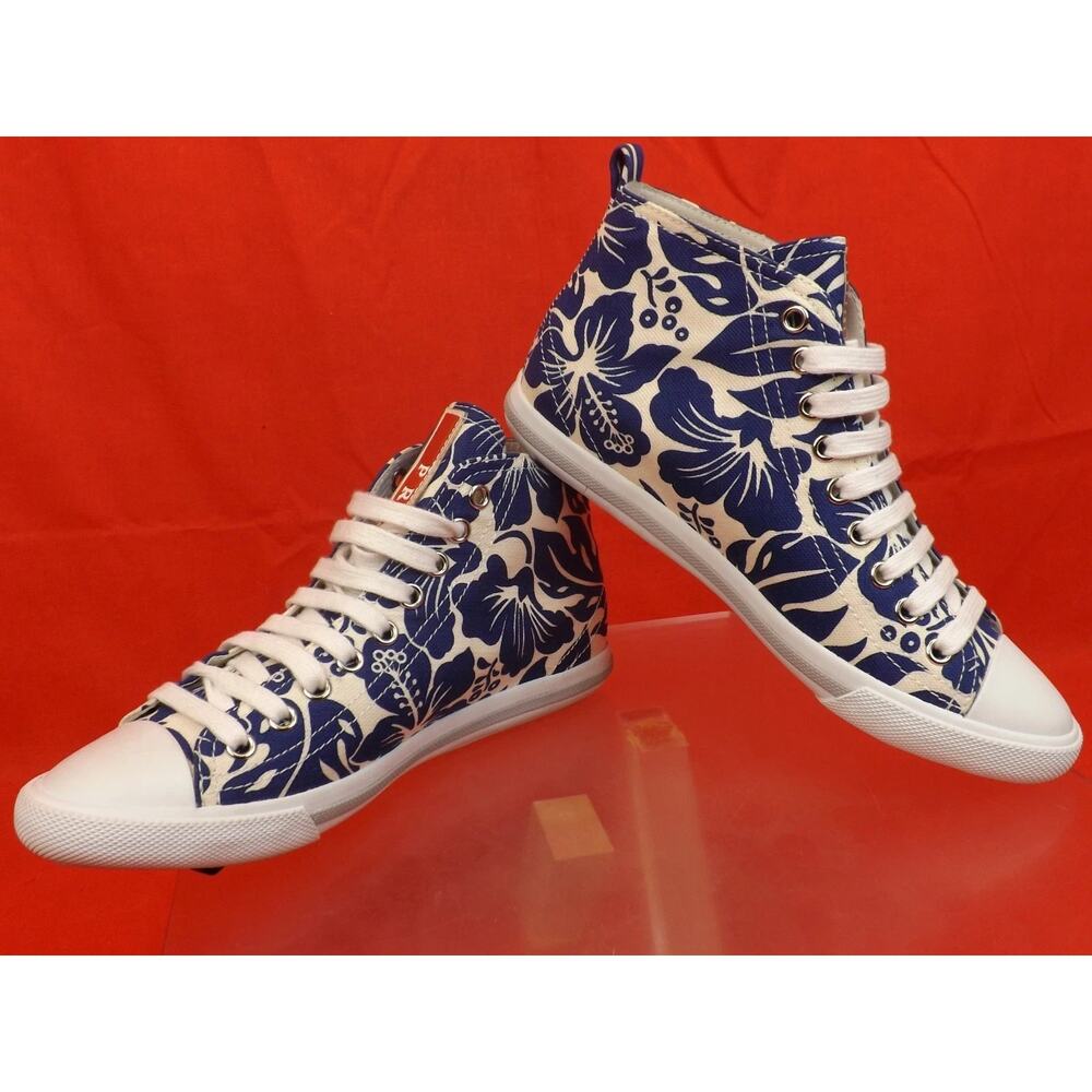 NIB PRADA 3T5731 WHITE BLUE FLORAL DENIM LEATHER CANVAS HIGH TOP SNEAKERS 35.5 - Picture 5 of 9